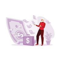 Millionaire older man wearing a long suit throwing away banknotes. Earning Money concept. trend modern vector flat illustration