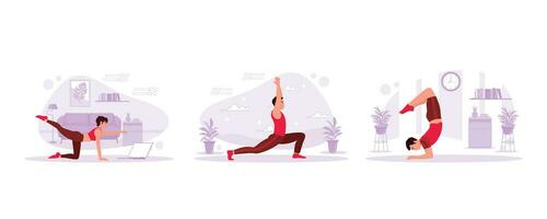 asiático mujer ejercicios músculos por acecho videos en un ordenador portátil. hermoso joven hombre practicando yoga al aire libre. lado ver de un hombre practicando yoga en un escorpión pose. tendencia moderno vector plano ilustración.