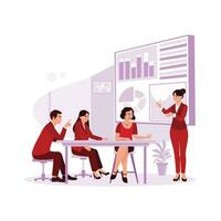 Female manager holding meetings and presenting e-commerce investment strategy in the meeting room. Data Analysis Concept. trend modern vector flat illustration