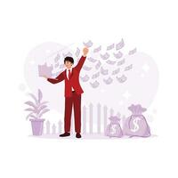 A successful young man is standing next to a money bag. Use a laptop for online business and make money. Earning Money concept. trend modern vector flat illustration