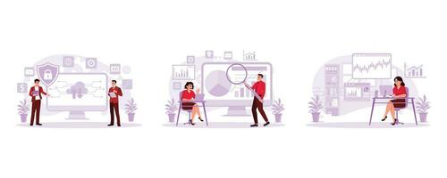 Employees access the network connection system locked in the cloud server room. Workers who analyze trade data. Business people are working using AI technology. Trend Modern vector flat illustration.