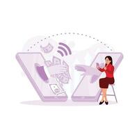 un mujer participación un célula teléfono. antecedentes de mano desde móvil teléfono transferir dinero a otro mano. pasivo ingresos concepto. tendencia moderno vector plano ilustración