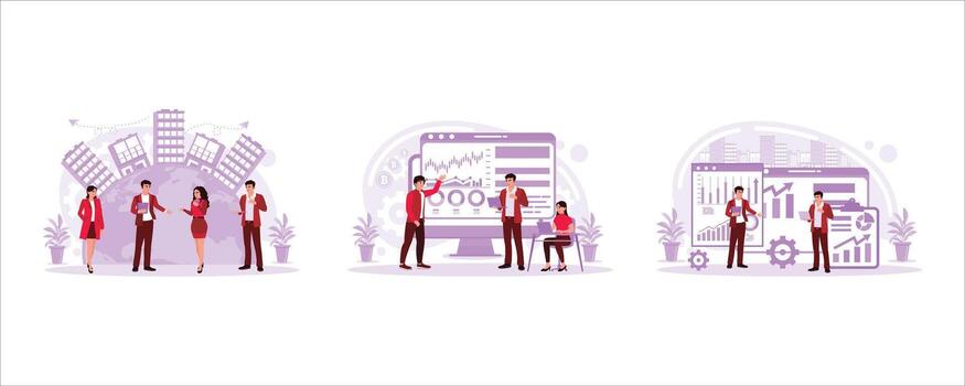 Team members are standing in the city background, a stock trader showing Cryptocurrency Executive Manager, and a successful Businessman working in an office with a digital tablet laptop computer. vector