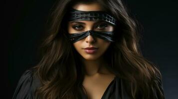 Portrait of a beautiful sexy young brunette woman with blindfold. photo
