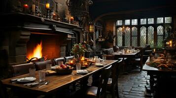 Interior of a medieval house with a fireplace and a dining table. photo