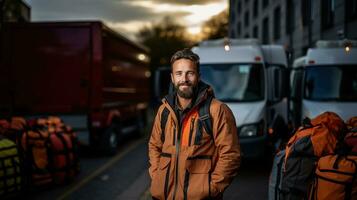 Portrait of a bearded man worker standing in front of a delivery truck. photo