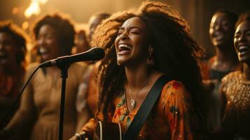 Group of african american gospel women singing and play in guitar together on church. photo