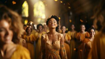 Beautiful young woman in a yellow dress with christian gospel singers in church, praising Lord Jesus Christ. photo