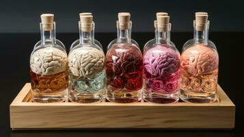 Human brain in glass bottles.  Destructive effect of alcohol on our body, retardation of mental activity. photo