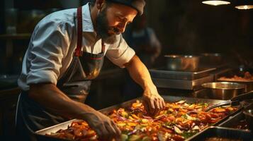 Chef preparing lecho stew food in the kitchen of a restaurant or hotel. photo