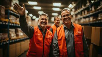 Portrait of two mature warehouse workers smiling at camera and waving hand. photo