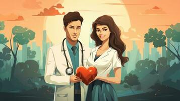 Male and female doctors holding red heart, cartoon vector illustration. Doctor and nurse holding heart. photo