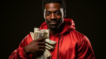 African american man in red raincoat holding money isolated on black. photo