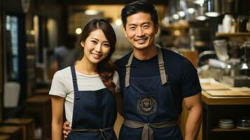 Portrait of young asian man and woman barista in cafe. photo