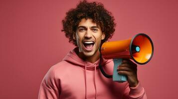 Excited man holding megaphone isolated on pink. photo