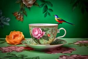 Indian tea cup with flower rose. Generate Ai photo