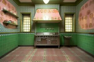 Indian kitchen interior with green wall. Generate Ai photo