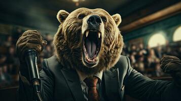 Angry businessman with a big bear head on the background of the auditorium. photo