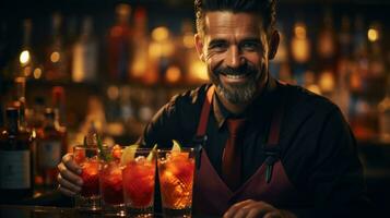 hermoso barman es haciendo cócteles y sonriente mientras trabajando en bar. foto