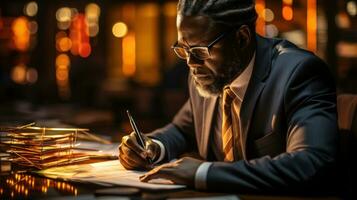 African-american businessman in suit writing in notebook. Afro accountant working new project with report document and analyze, doing finance, making notes statistics. photo