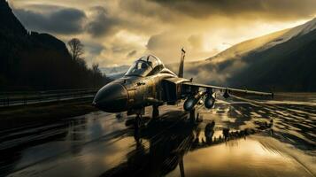 Military fighter jet in the mountains at sunset. photo