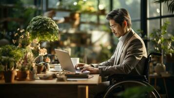 Asian man in wheelchair working on laptop computer in coffee shop. Work from home concept for disabled people. photo