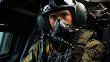 soldado en un militar casco y máscara en aire fuerza chorro. foto