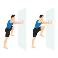 Man doing high knee on the wall or against the wall exercise. vector