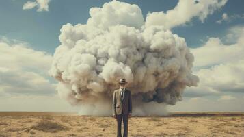 el creador de el atómico bomba. hombre en un traje en pie en el medio de el Desierto con un enorme nube en el antecedentes. foto