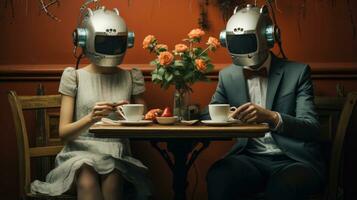 Conceptual photo of couple with robot heads, man and woman sitting at the table and drinking coffee.