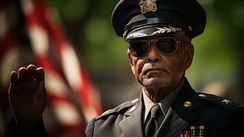 Portrait of a senior veteran saluting in military uniform on the street. photo