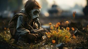 Child in a gas mask grows a flower in a post-apocalyptic world. photo