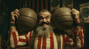 Portrait of an old man with a long beard and mustache in a red and white striped shirt holding a kettlebell in his hands at retro circus style. photo