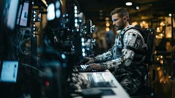 Serious soldier in cyborg robot uniform working in server room. He is typing on futuristic computer. photo