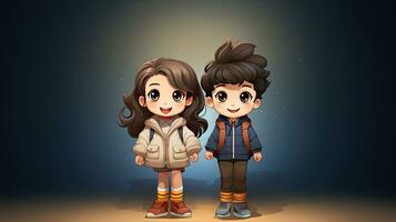 Two kids in winter clothes on the background of the night sky illustration. photo