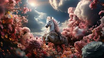blanco rosado caballo en el antecedentes de un fantasía paisaje con flores y nubes foto