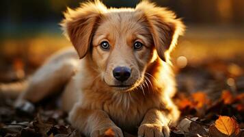 Portrait of golden retriever puppy in autumn leaves. Selective focus. photo