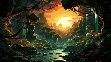 Fantasy landscape with river and trees - digital illustration for children. photo
