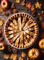 Photo of the apple pie in autumn Thanksgiving table setting AI Generative