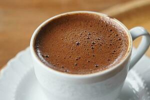 top view of hot coffee with bubble on white background photo