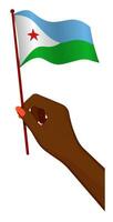 Female hand gently holds small flag of Djibouti. Holiday design element. Cartoon vector on white background