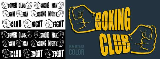 Volumetric letters with name BOXING, strong, fight, power, gym, night on background of hand clenched into fist. Element for print and design of sports competitions. Isolated vector