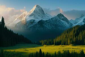 Cinematic dreamlike and surreal image of green meadows in a forest with a large pointed ice covered mountain at sunset photo