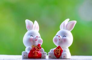 Three cute Chinese bunnies doll holding a red money bag and smile with green nature blurred background. Lovely rabbit character designs for Mid Autumn Festival, Year of the rabbit 2023, and Easter photo