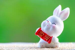 Three cute Chinese bunnies doll holding a red money bag and smile with green nature blurred background. Lovely rabbit character designs for Mid Autumn Festival, Year of the rabbit 2023, and Easter photo