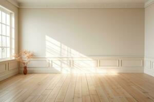 Modern interior of a room with light walls with an antique effect. Potted plant in an empty room photo