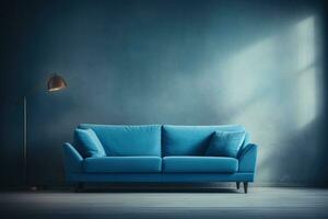 moderno minimalista interior con azul sofá en un azul color pared antecedentes. foto