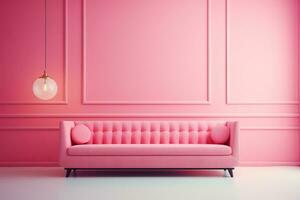 moderno minimalista interior con rosado sofá en un rosado color pared antecedentes. foto