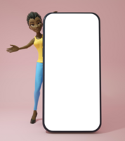 Black woman 3d character standing behind big mobile phone with transparent blank screen over pink background. 3d rendering png