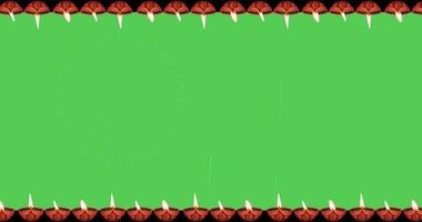 Animated motion graphics of Diwali oil lamp moving left and bottom right on green background and sky fun fireworks in the middle. video